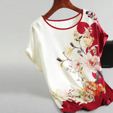 Fashion Floral Print Blouse Pullover Ladies Silk Satin Plus Size Batwing Sleeve Vintage T-shirt